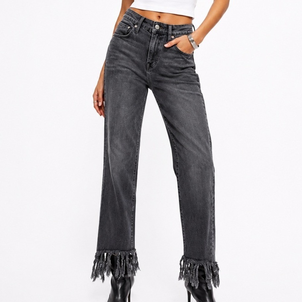 Good American Western Boho High Rise Straight Leg Fringe Hem Gray Jeans 2/26‎